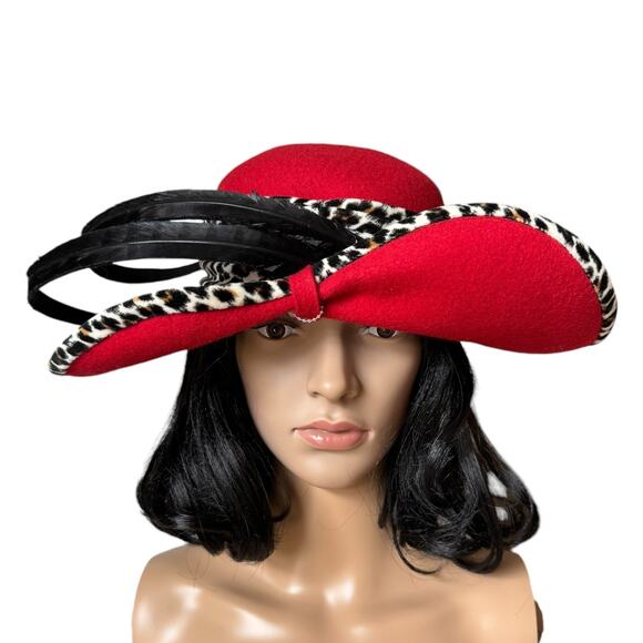 NWT Vintage 1960's Mr. John Classic Hat Red with animal print & large feathers - Picture 2 of 14